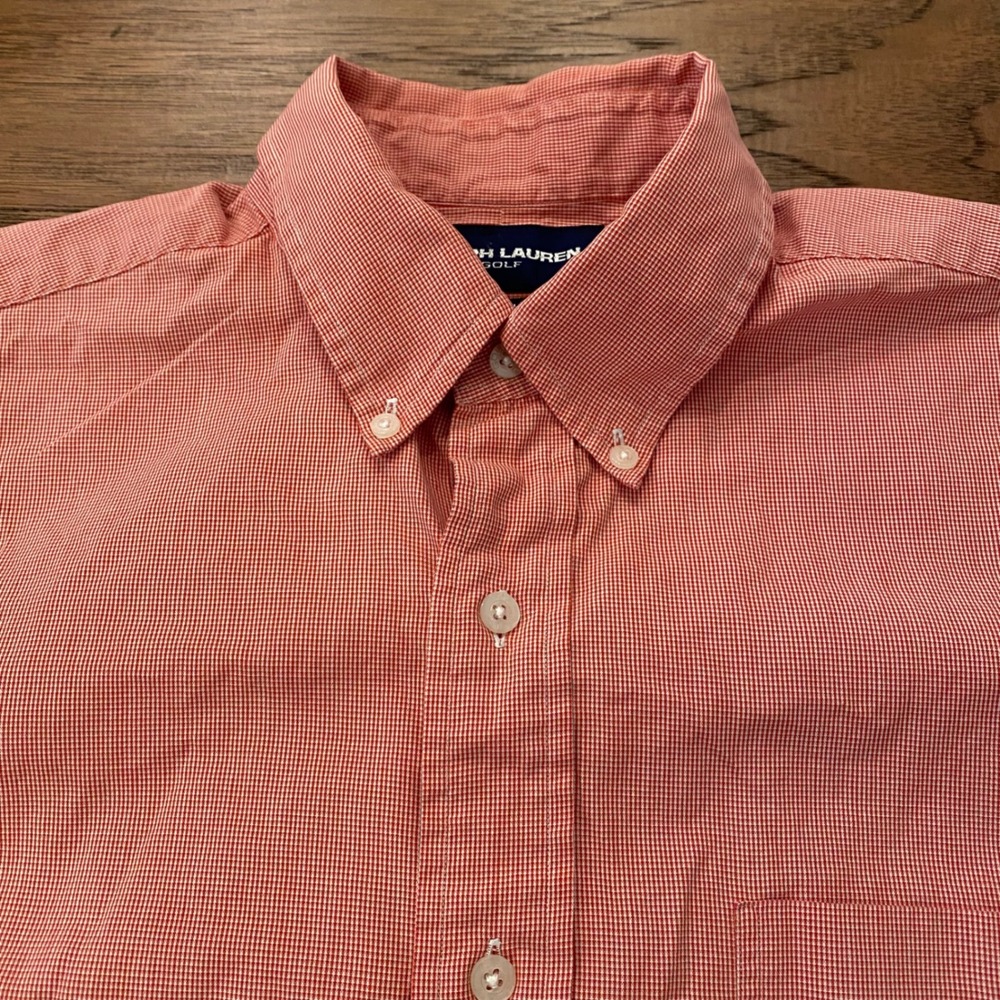 Ralph Lauren Golf Tilden Shirt Mens Medium Red White Gingham Cotton Short Sleeve